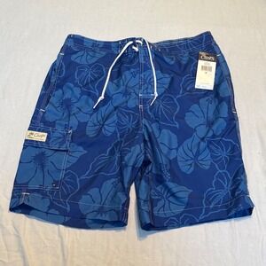 Chaps Swim Trunks Mens Medium Blue Floral Hibiscus Cargo Pocket NWT